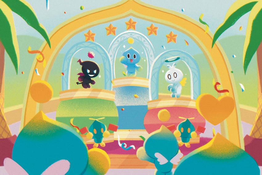 neutral chao, dark chao, hero chao, and omochao (sonic) drawn by stripedpants