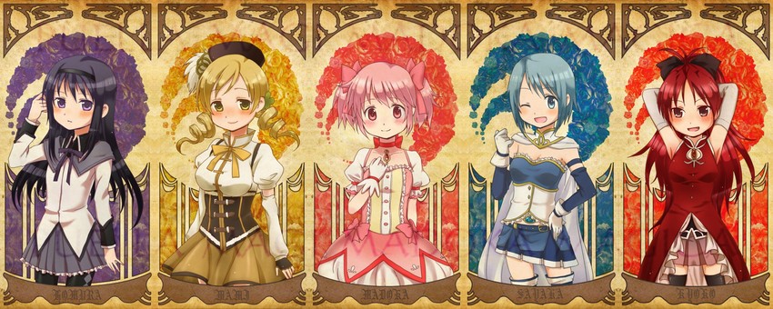 akemi homura, kaname madoka, miki sayaka, sakura kyoko, and tomoe mami (mahou shoujo madoka magica) drawn by sazanami_(saza73)