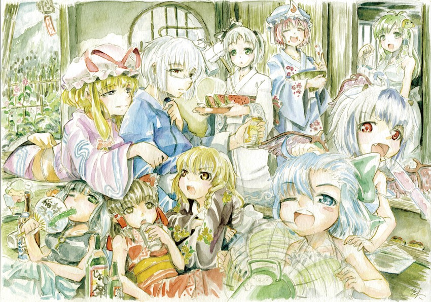 hakurei reimu, kirisame marisa, kochiya sanae, konpaku youmu, cirno, and 8 more (touhou and 3 more) drawn by master_(4th)