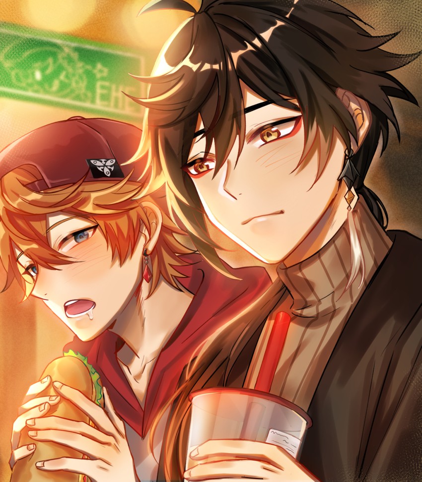zhongli and tartaglia (genshin impact) drawn by tsurumelo