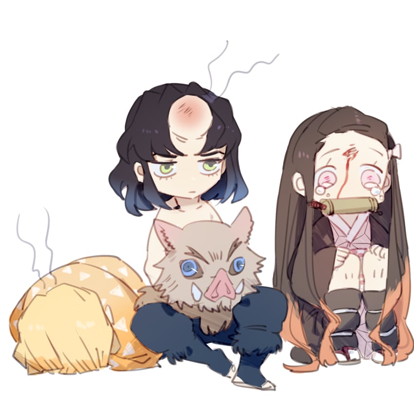 kamado nezuko, agatsuma zenitsu, and hashibira inosuke (kimetsu no yaiba) drawn by code009