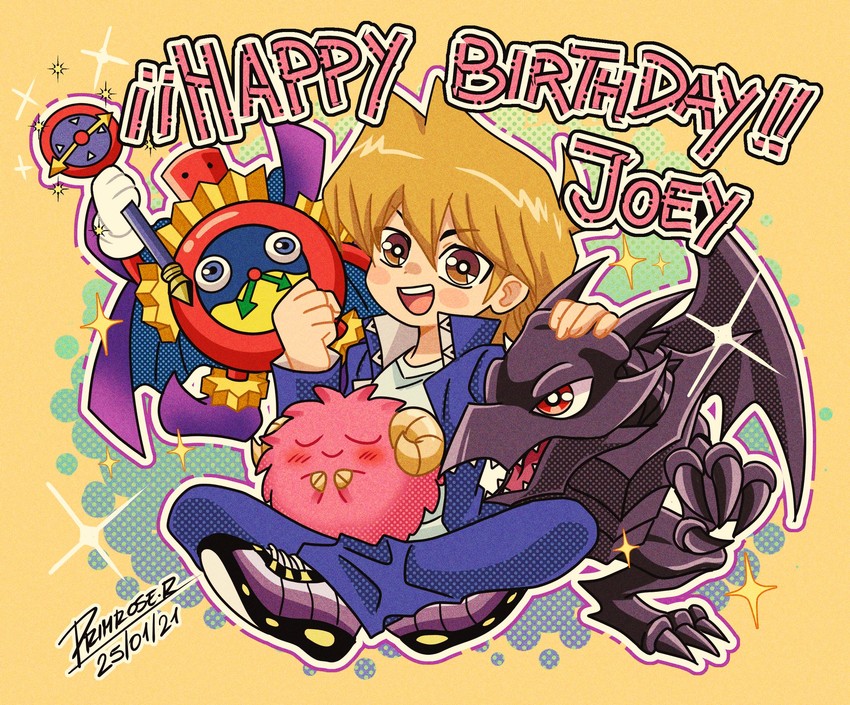 jonouchi katsuya, red-eyes black dragon, scapegoat, and time wizard (yu-gi-oh!) drawn by rachelprimrose