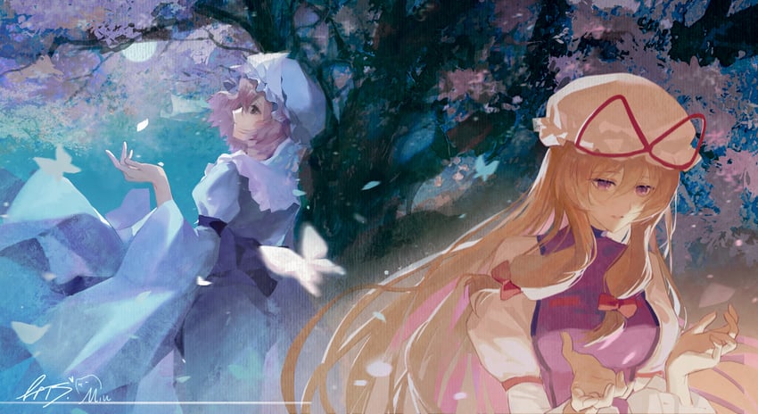 yakumo yukari, saigyouji yuyuko, and saigyou ayakashi (touhou) drawn by mi8uuuuk and tob