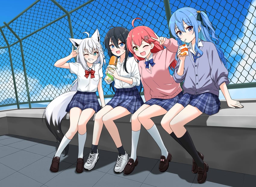 shirakami fubuki, hoshimachi suisei, sakura miko, and bellezza felutia (original and 2 more) drawn by felutiahime