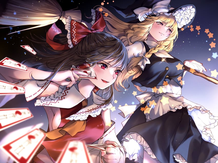 hakurei reimu and kirisame marisa (touhou) drawn by maruta_(shummylass)