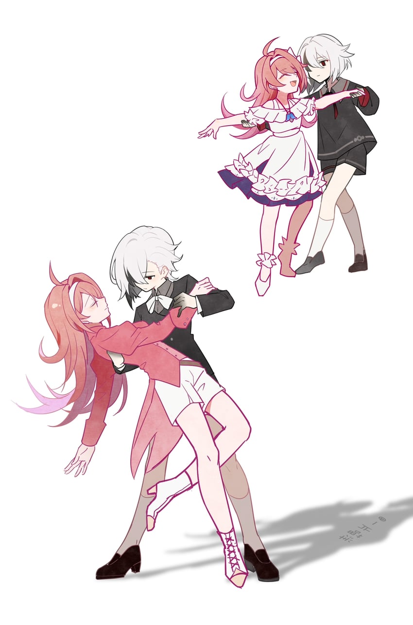 arlecchino, clervie, and peruere (genshin impact) drawn by dailyc-cat