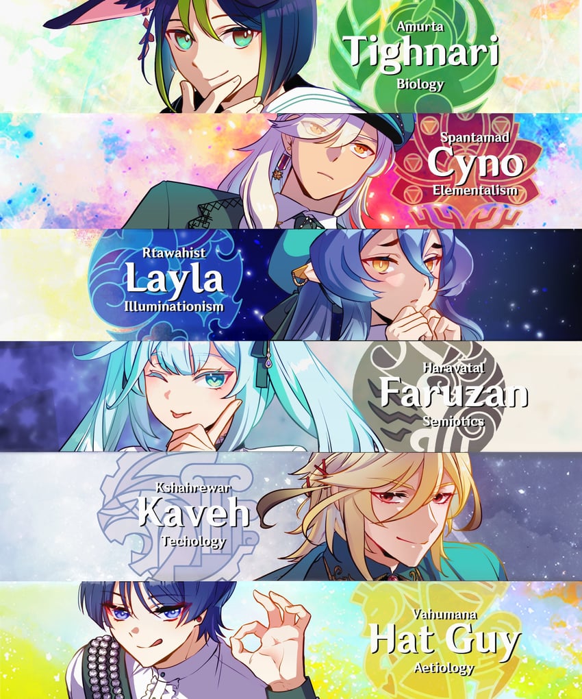 scaramouche, tighnari, kaveh, cyno, faruzan, and 1 more (genshin impact) drawn by sugarcanedove