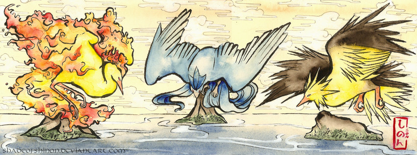 articuno, zapdos, and moltres (pokemon and 1 more) drawn by shadeofshinon
