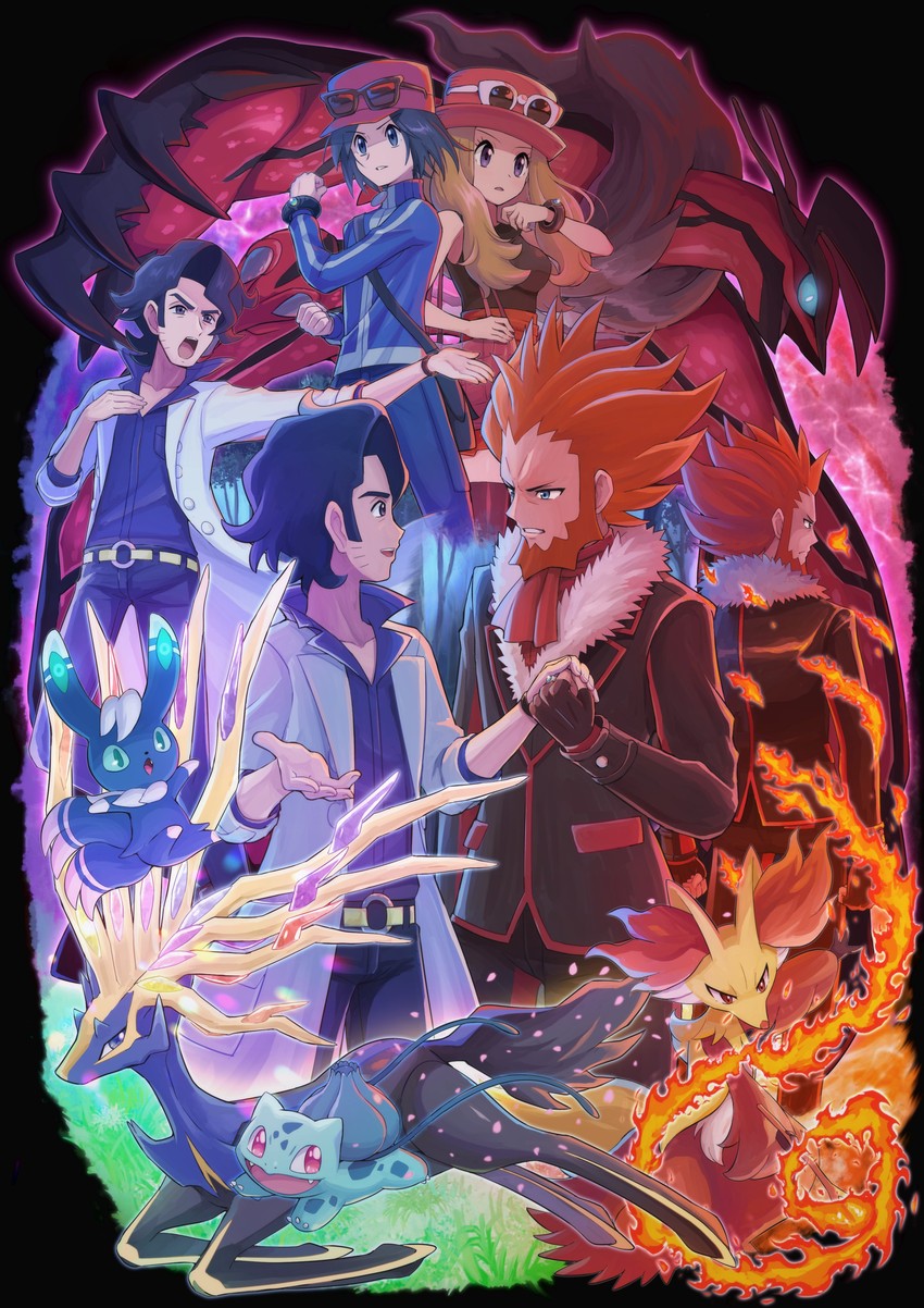 serena, bulbasaur, calem, delphox, meowstic, and 4 more (pokemon and 2 more) drawn by pokemoa