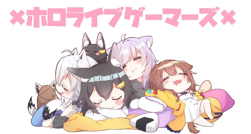 shirakami fubuki, nekomata okayu, ookami mio, inugami korone, oruyanke, and 1 more (hololive) drawn by nakami_(lhyqc)