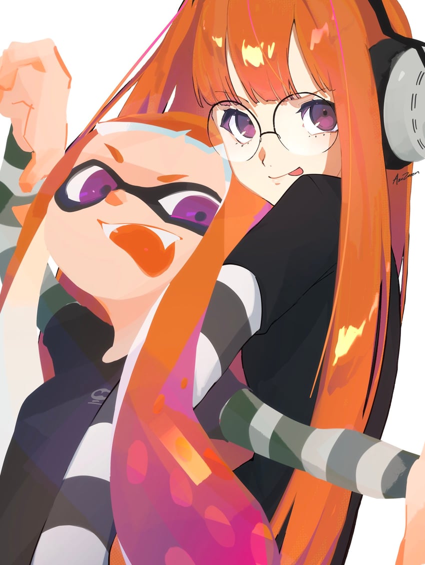 inkling player character, inkling girl, and sakura futaba (persona and 2 more) drawn by azuzoren