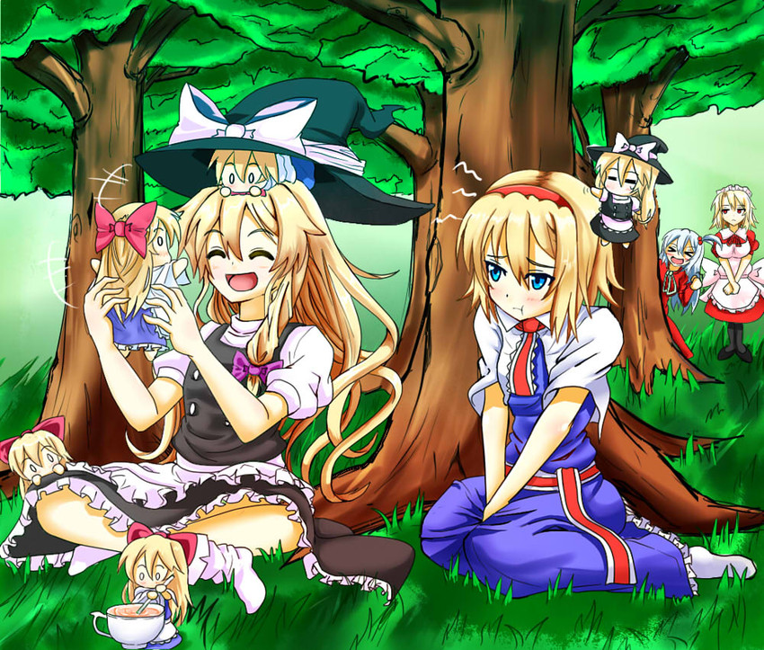 kirisame marisa, alice margatroid, shanghai doll, shinki, and yumeko (touhou) drawn by rakku_(10219563)