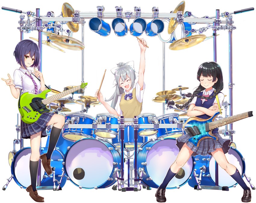 tsukino mito, higuchi kaede, shizuka rin, and mike mangini (nijisanji and 1 more) drawn by guitaro_(yabasaki_taro)