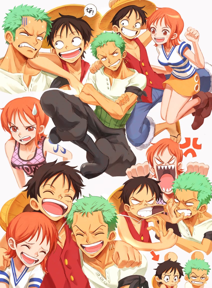 nami, monkey d. luffy, and roronoa zoro (one piece) drawn by oekakiboya