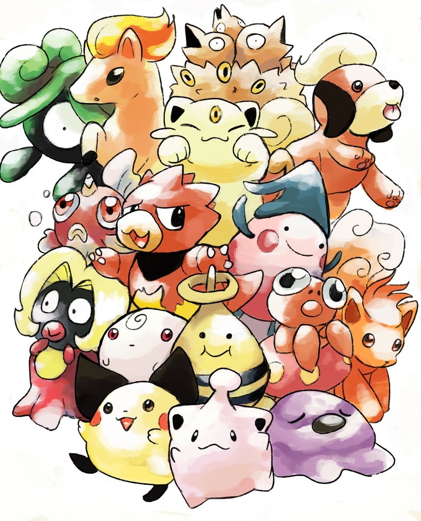 koonya, pichu, monja, hinaazu, mikon, and 11 more (pokemon and 1 more) drawn by foxeaf