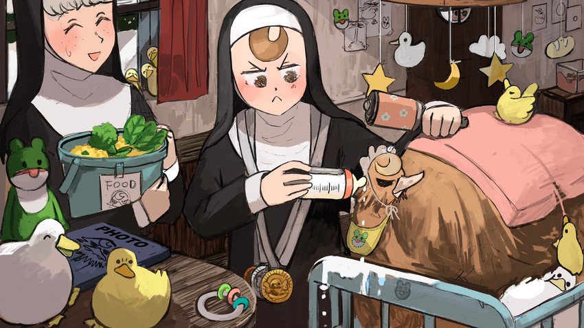 froggy nun, sheep nun, and father (little nuns) drawn by diva_(hyxpk)