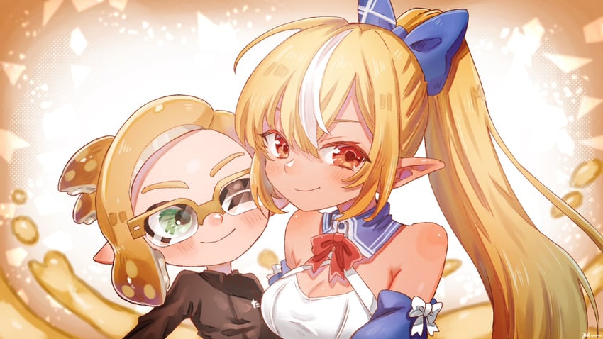 inkling player character, shiranui flare, and inkling boy (hololive and 1 more) drawn by plum0o0