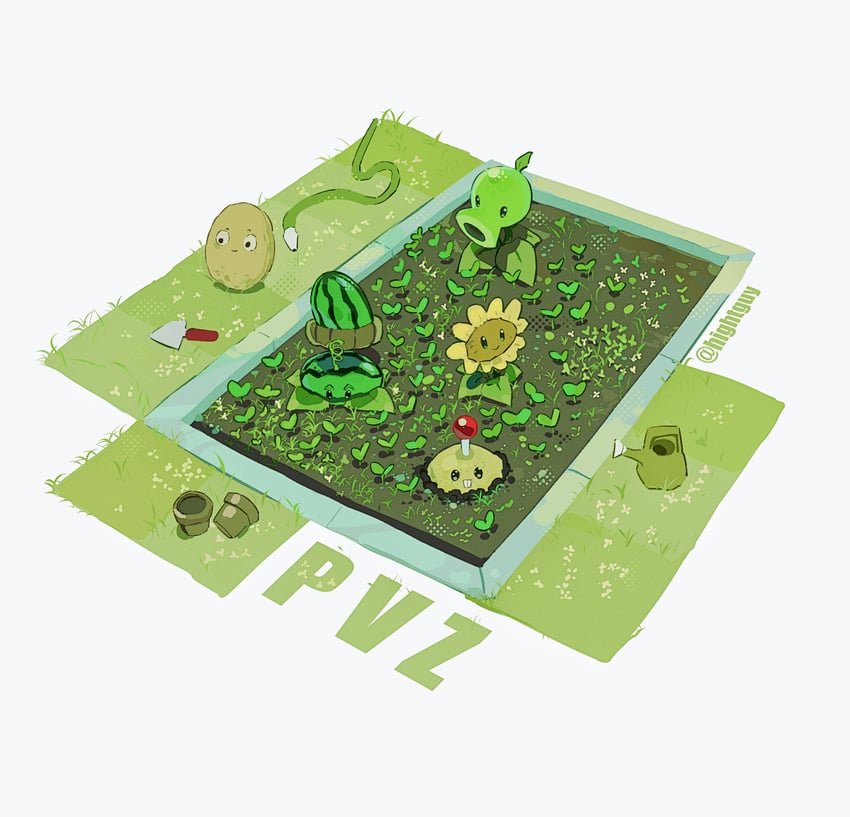 sunflower, peashooter, potato mine, and melon-pult (plants vs. zombies) drawn by hightguy