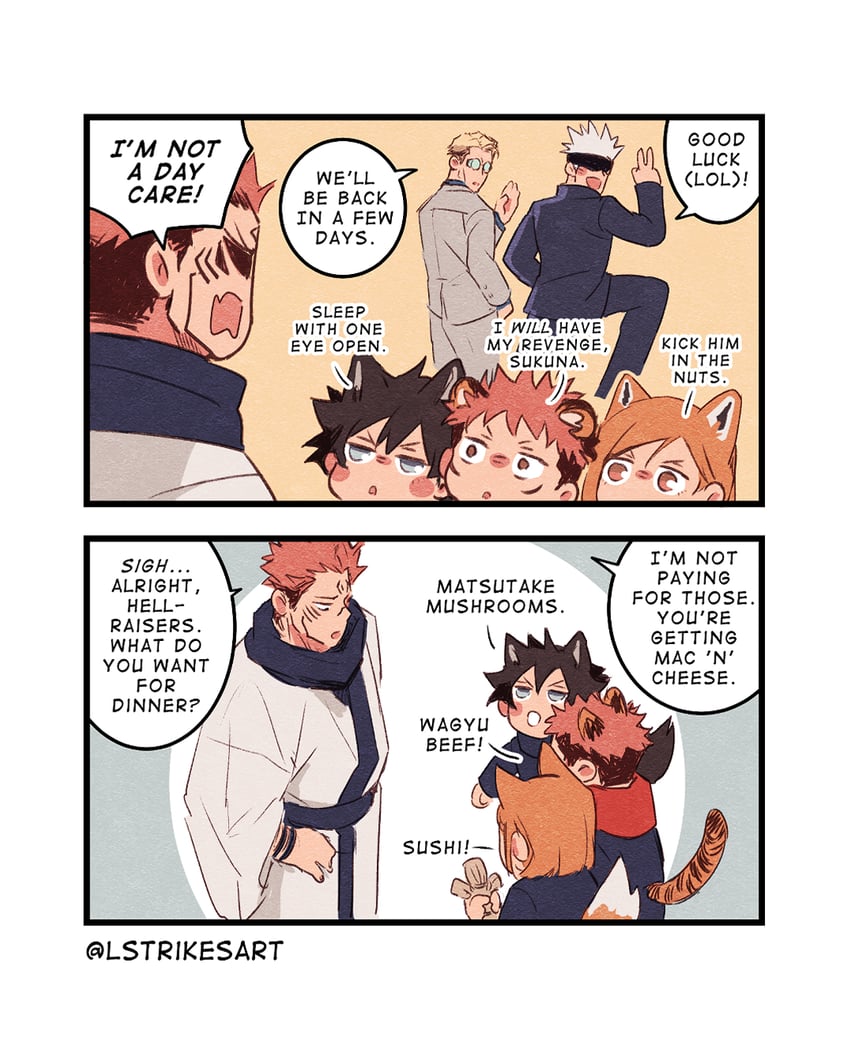 gojou satoru, itadori yuuji, fushiguro megumi, kugisaki nobara, ryoumen sukuna, and 1 more (jujutsu kaisen) drawn by lightningstrikes
