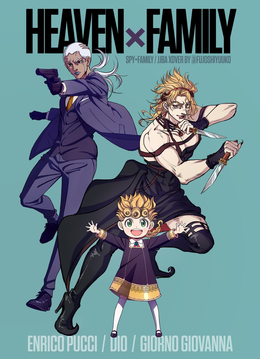 yor briar, dio brando, anya, giorno giovanna, twilight, and 1 more (jojo no kimyou na bouken and 2 more) drawn by fujoshi_yuuko