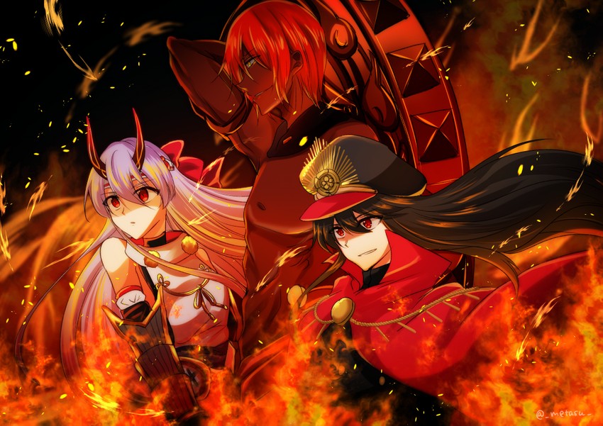oda nobunaga, tomoe gozen, and ashwatthama (fate and 2 more) drawn by tsubaki_metasu