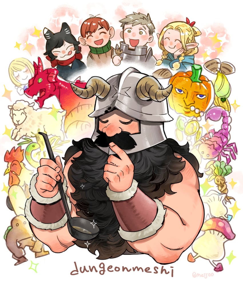 marcille donato, falin touden, laios touden, senshi, chilchuck tims, and 3 more (dungeon meshi) drawn by meij_(meij00)