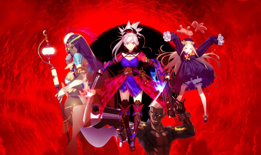 abigail williams, miyamoto musashi, scheherazade, and emiya alter (fate and 1 more) drawn by koyama_hirokazu, kuroboshi_kouhaku, namaniku_atk, and sasaki_shounen