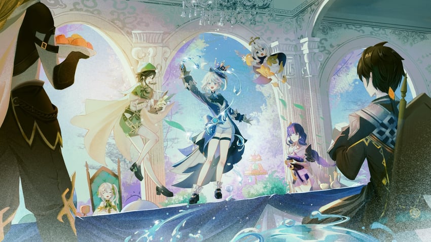 raiden shogun, aether, furina, nahida, zhongli, and 2 more (genshin impact) drawn by sanbaihui