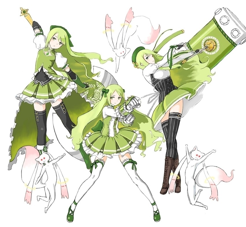 kaname madoka, sakura kyoko, tomoe mami, kyubey, and shizuki hitomi (mahou shoujo madoka magica) drawn by y_(khakiyawn)