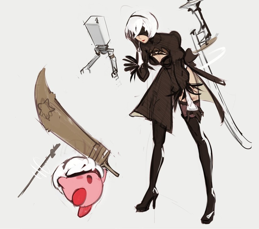 2b, kirby, and pod (nier and 3 more) drawn by emmanuel_edeko