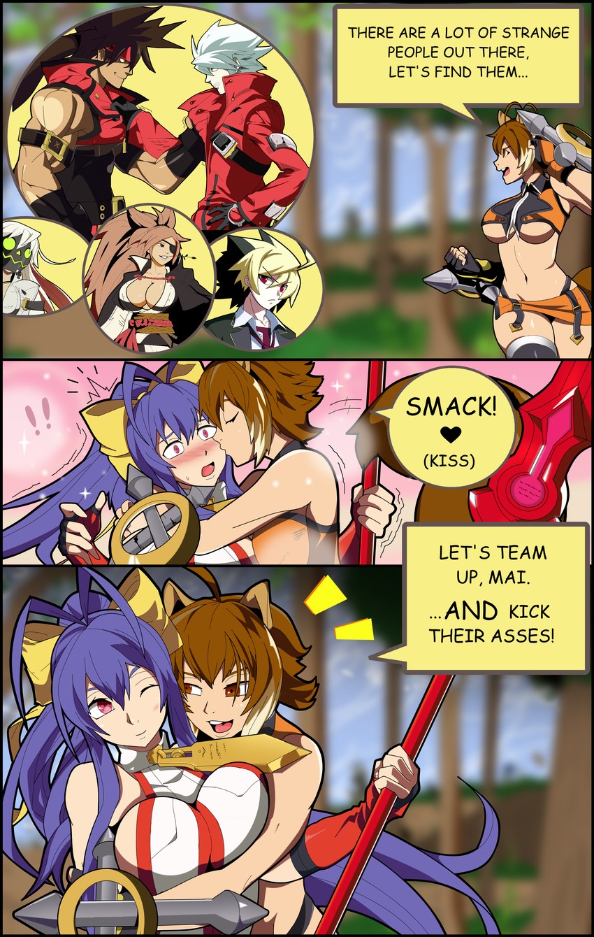 makoto nanaya, ragna the bloodedge, baiken, jack-o' valentine, sol badguy, and 2 more (guilty gear and 5 more) drawn by manicomio19