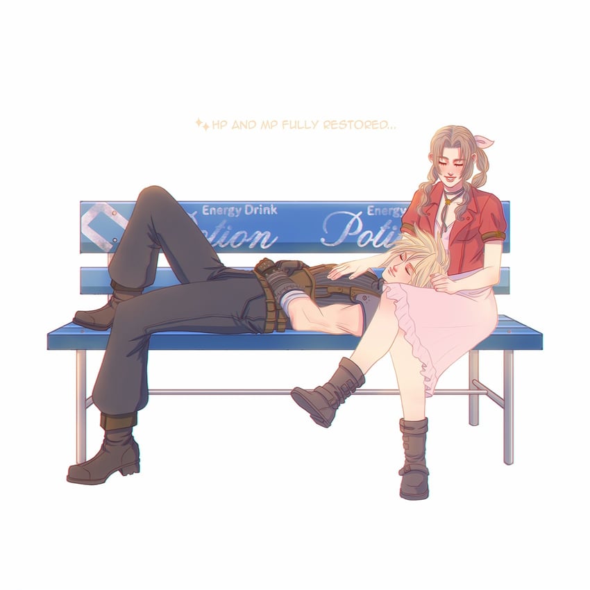 cloud strife and aerith gainsborough (final fantasy and 2 more) drawn by almond_aulait