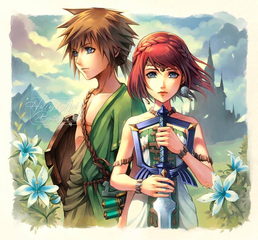 link, princess zelda, sora, and kairi (the legend of zelda and 2 more) drawn by hollypolllyy