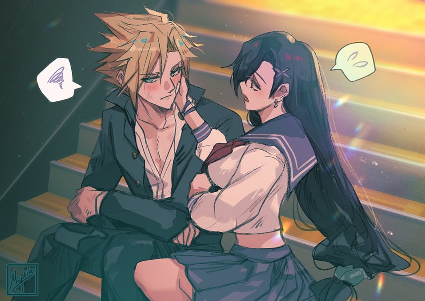 tifa lockhart and cloud strife (final fantasy and 2 more) drawn by miyukiko