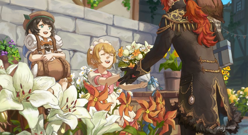 diluc, flora, and chloris (genshin impact) drawn by hagihino