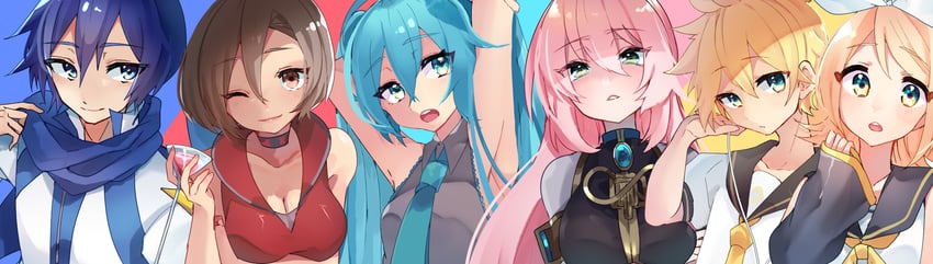 hatsune miku, kagamine rin, kagamine len, megurine luka, kaito, and 1 more (vocaloid) drawn by kusunokimizuha