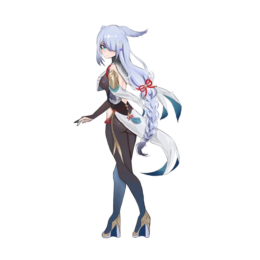 shenhe and elira pendora (genshin impact and 2 more) drawn by fork_(clxoudie)