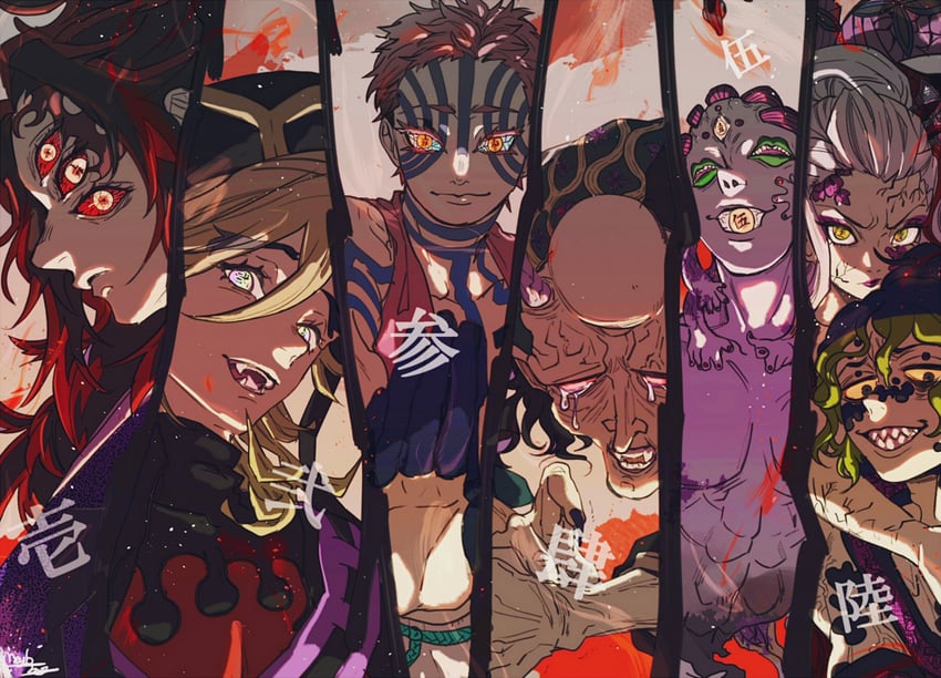 daki, douma, akaza, gyuutarou, kokushibou, and 2 more (kimetsu no yaiba) drawn by mswgorimura