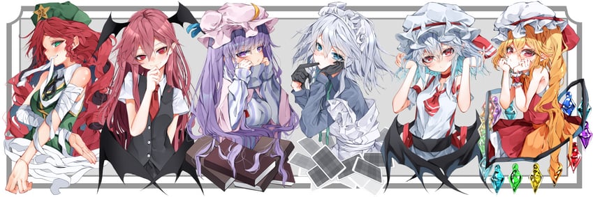 remilia scarlet, flandre scarlet, izayoi sakuya, patchouli knowledge, hong meiling, and 1 more (touhou and 1 more) drawn by kararage_tsune