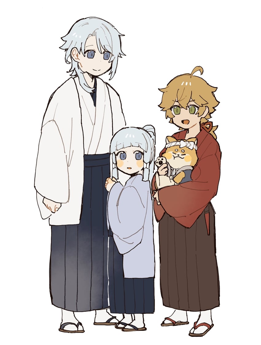 kamisato ayaka, kamisato ayato, thoma, and taroumaru (genshin impact) drawn by nanase_(nanataroo_7)