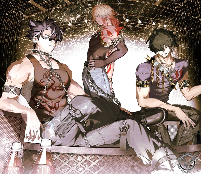 mydei, wriothesley, and lighter (genshin impact and 4 more) drawn by kamino_eru