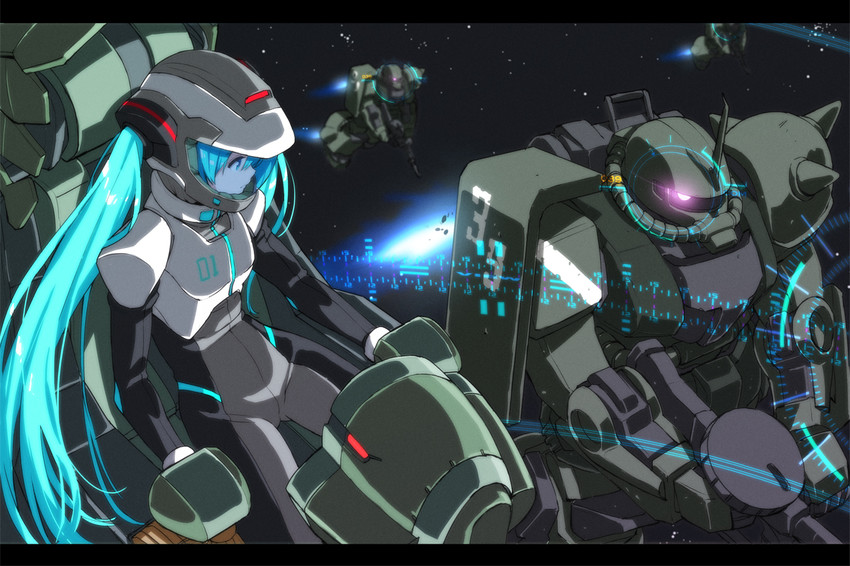 hatsune miku and zaku ii (vocaloid and 1 more) drawn by saitou_masatsugu