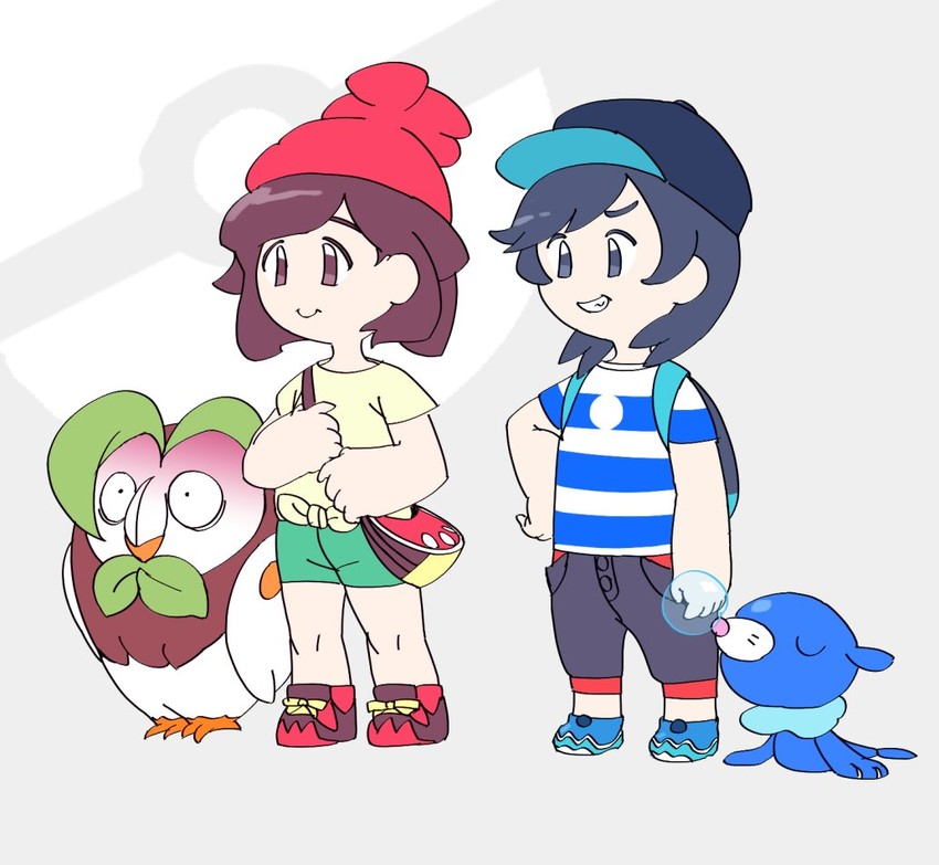 selene, elio, popplio, and dartrix (pokemon and 1 more) drawn by amamimaru