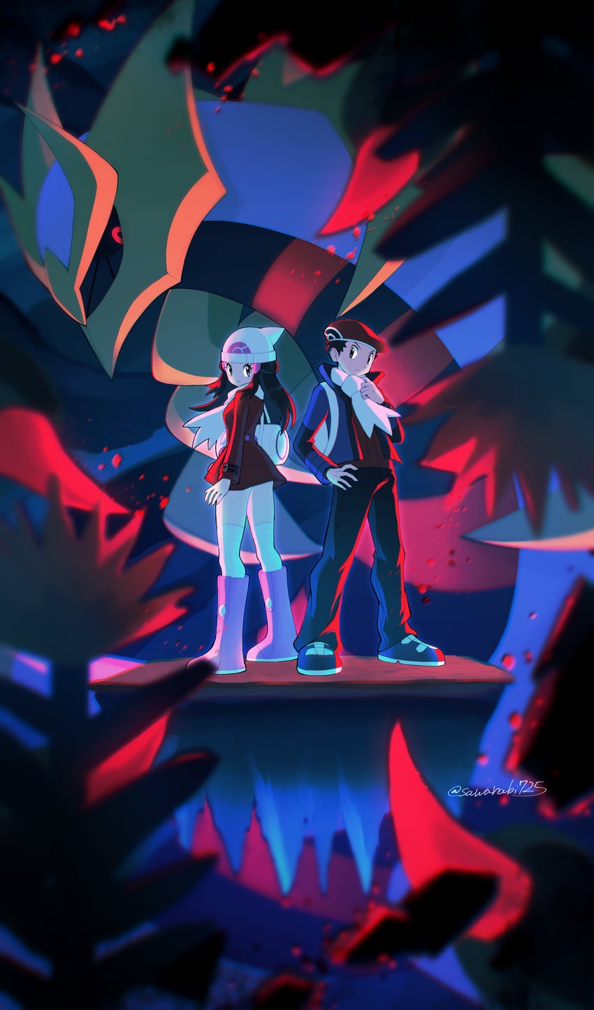 dawn, lucas, and giratina (pokemon and 2 more) drawn by sawarabi_(sawarabi725)