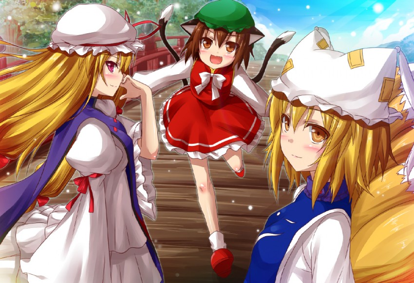 yakumo yukari, yakumo ran, and chen (touhou) drawn by yano_mitsuki_(nanairo)