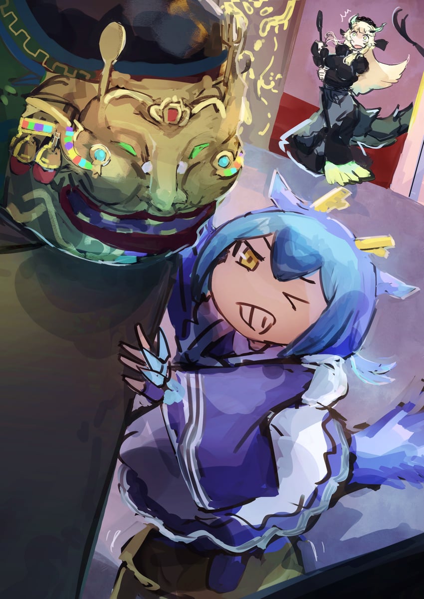 laundry dragonmaid, chamber dragonmaid, and pot of extravagance (yu-gi-oh!) drawn by hatano_kiyoshi