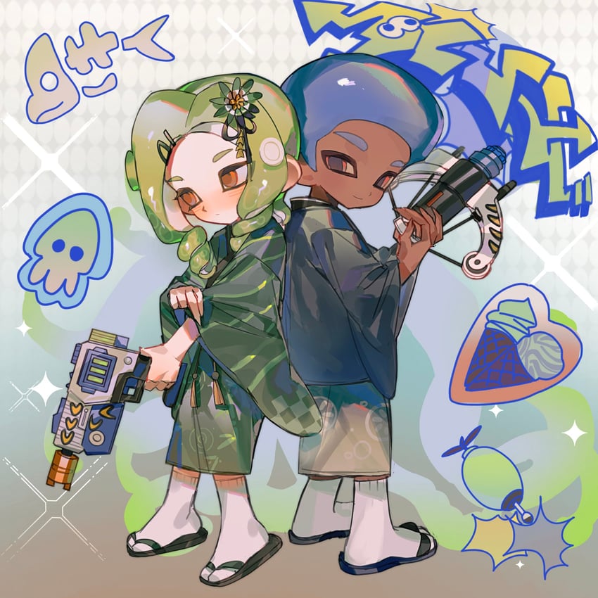 octoling player character, octoling girl, and octoling boy (splatoon and 1 more) drawn by rongyu1029