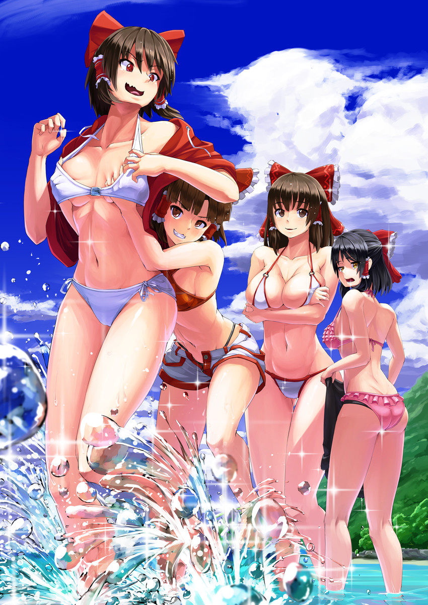 hakurei reimu, benikurage, kanna, reu, and sananana (touhou and 1 more) drawn by sy4