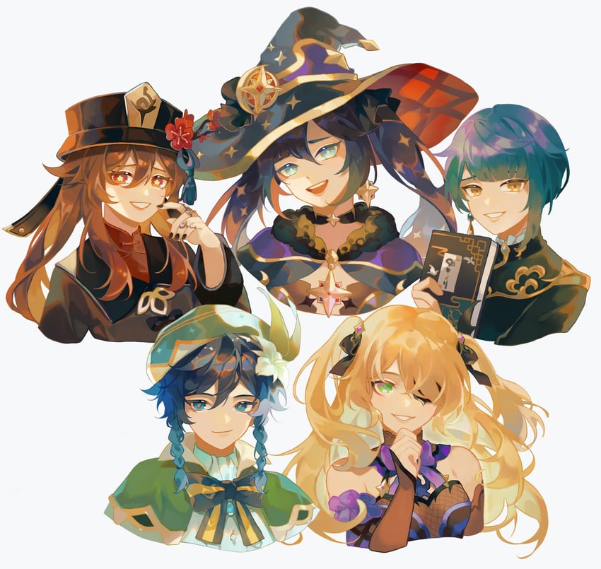 hu tao, mona, venti, fischl, and xingqiu (genshin impact) drawn by hayashikana