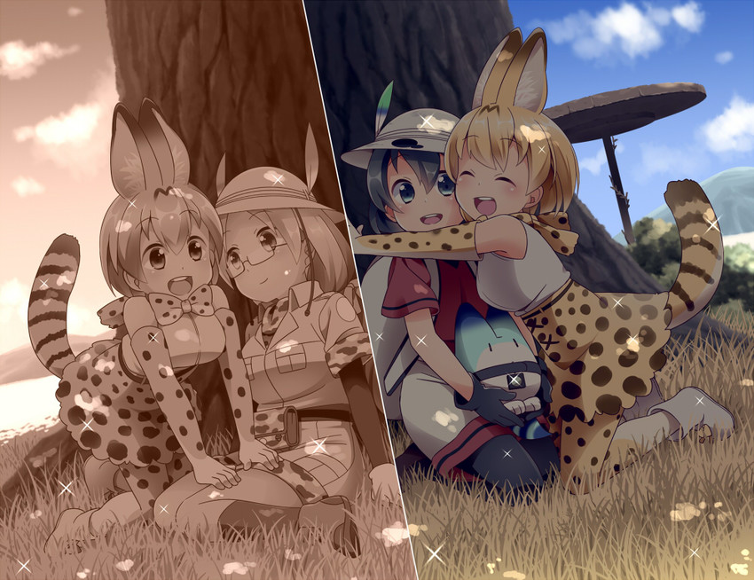 serval, kaban, lucky beast, and mirai (kemono friends) drawn by hiruma_neru
